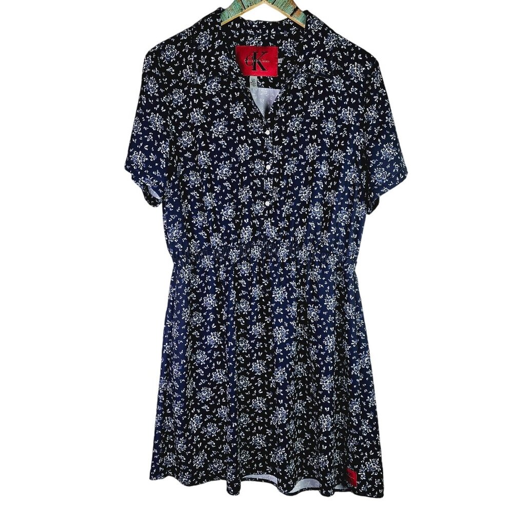 CK Calvin Klein Collared Floral Short Button Front Casual Dress, Sz L